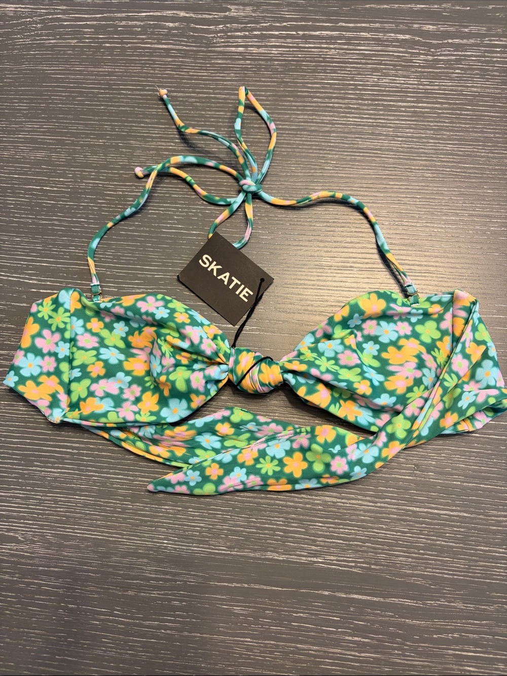 NWT Skatie Green Floral BandeauTie-Front Bikini Top S